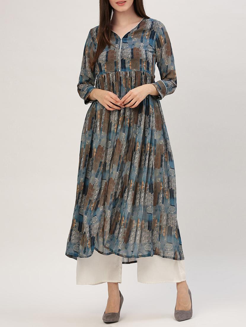 blue georgette flared kurta - 15030282 - Zoom Image - 1