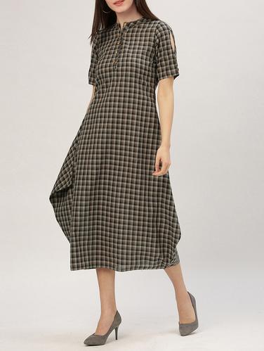 brown checkered cotton a-line dress - 15030291 - Very Small Image - 1