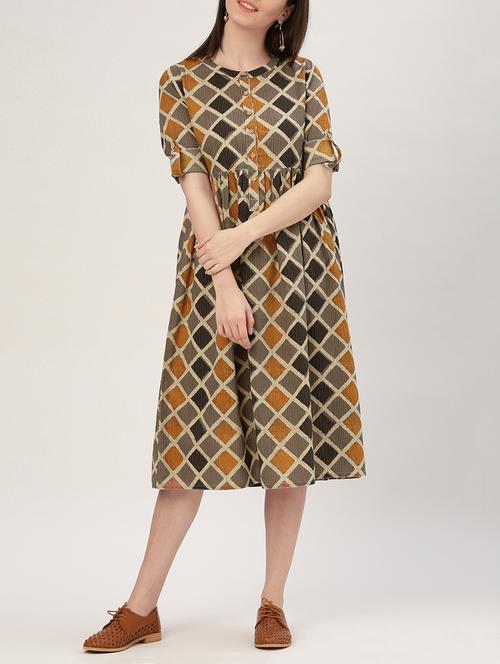 yellow printed fit & flare dress - 15030296 - Standard Image - 1