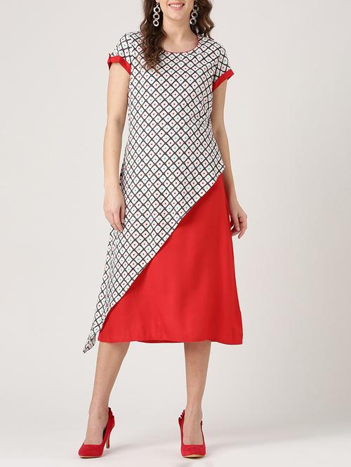 white printed rayon a-line dress - 15030303 - Standard Image - 1