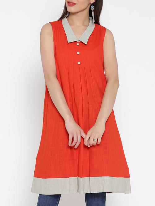 red cotton fusion kurta - 15030357 - Very Small Image - 1