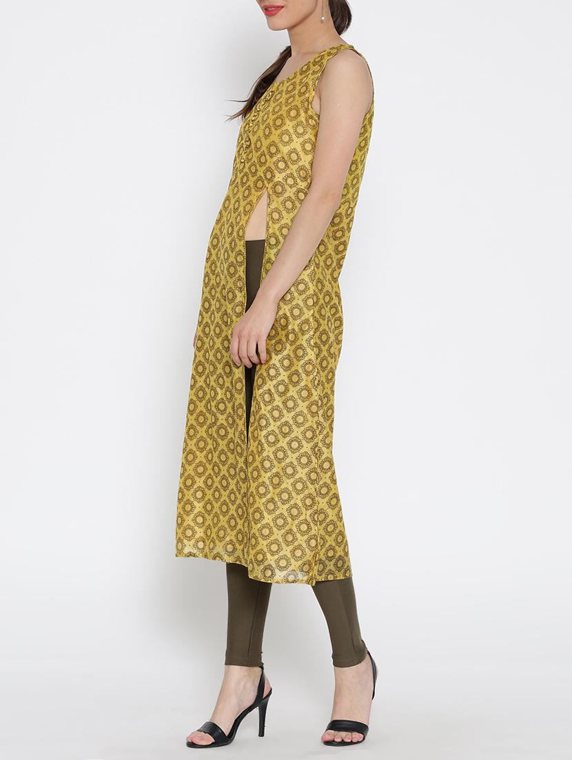 yellow cotton high slit kurta - 15030365 - Zoom Image - 2