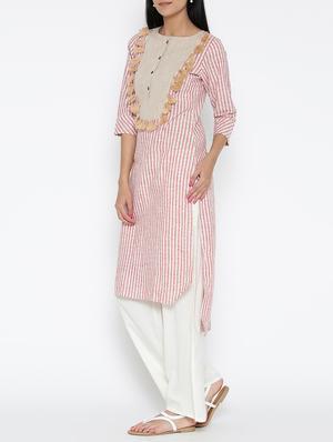 beige cotton high low kurta - 15030378 - Standard Image - 2