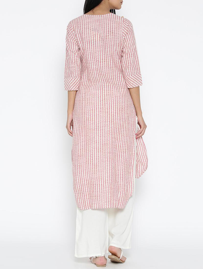 beige cotton high low kurta - 15030378 - Zoom Image - 3