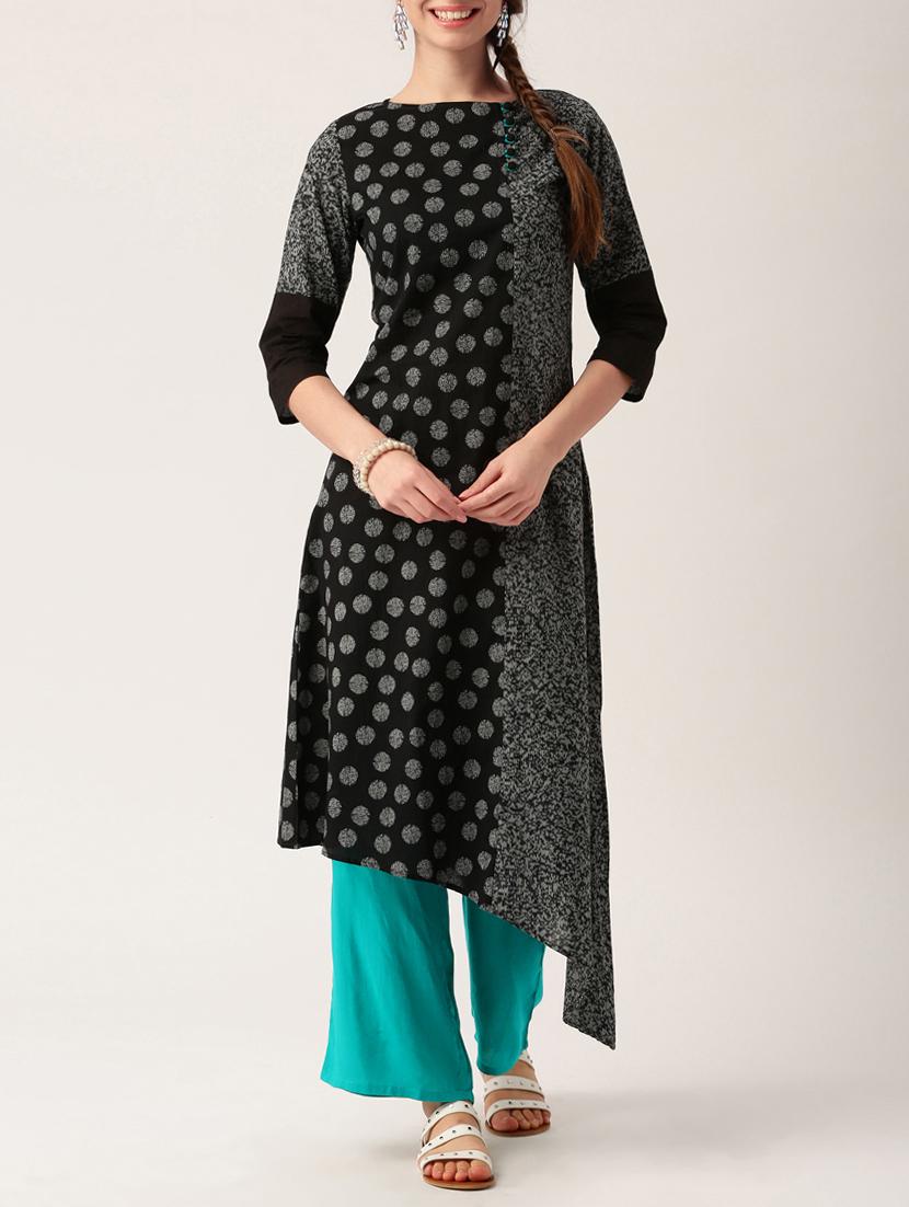black cotton kurta palazzo set - 15030395 - Zoom Image - 1