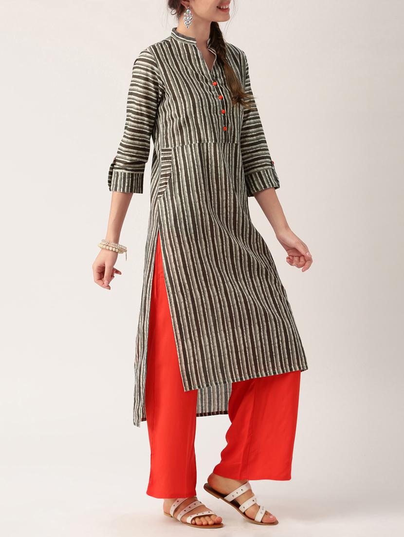 grey cotton kurta palazzo set - 15030402 - Zoom Image - 2