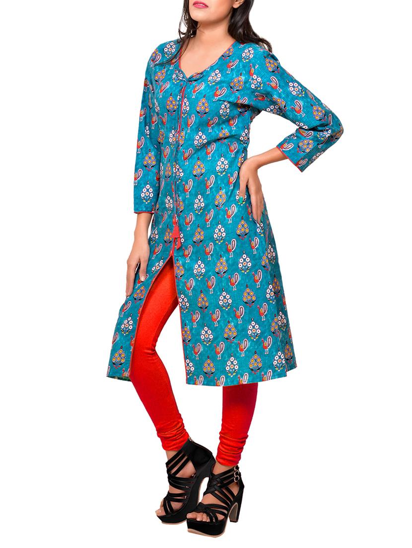 resha blue cotton straight kurta - 15030734 - Zoom Image - 2