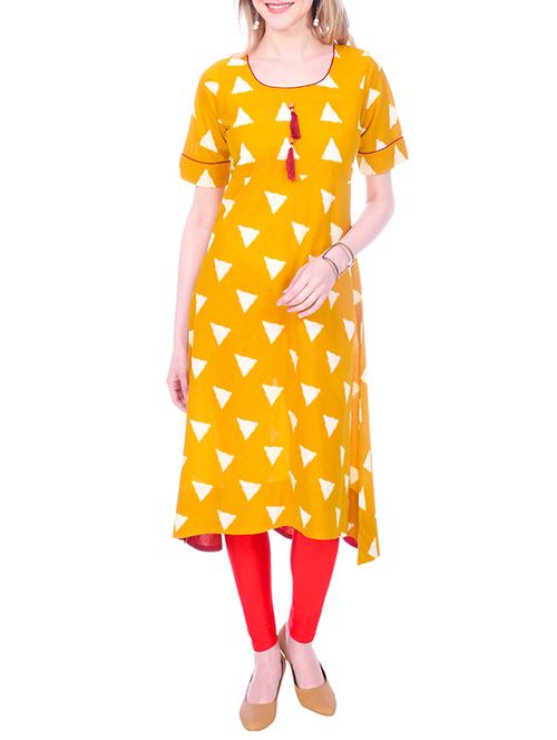 yellow cotton a-line kurta - 15030857 - Standard Image - 1