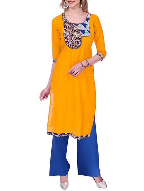 yellow cotton straight kurta - 15030878 - Zoom Image - 1