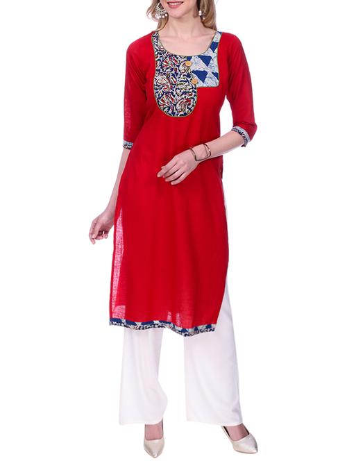 red cotton straight kurta - 15030879 - Standard Image - 1