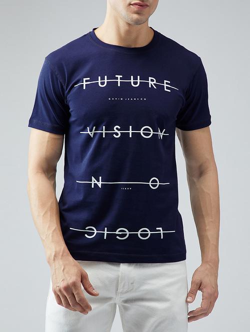 navy blue cotton front print t-shirt - 15030943 - Standard Image - 1