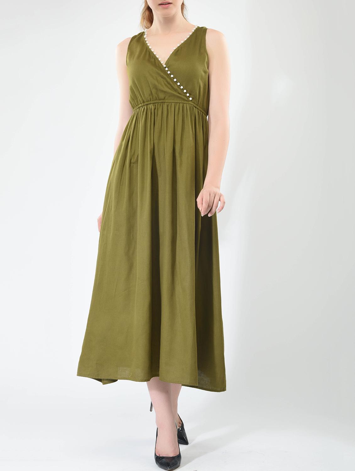 olive green solid cotton empire line dress - 15030981 - Zoom Image - 1