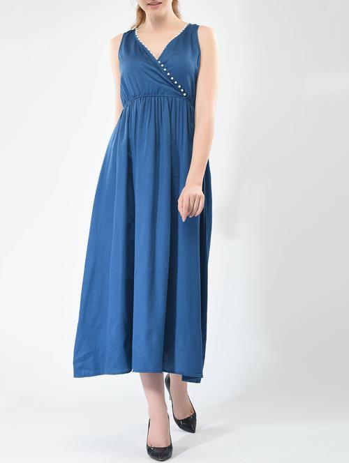 Blue solid cotton empire line dress - 15030983 - Standard Image - 1
