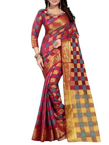 maroon cotton woven saree with blouse - 15031083 - Very Small Image - 1