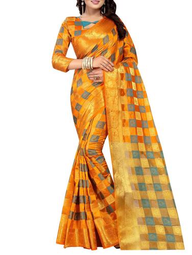 yellow cotton woven saree with blouse - 15031084 - Very Small Image - 1