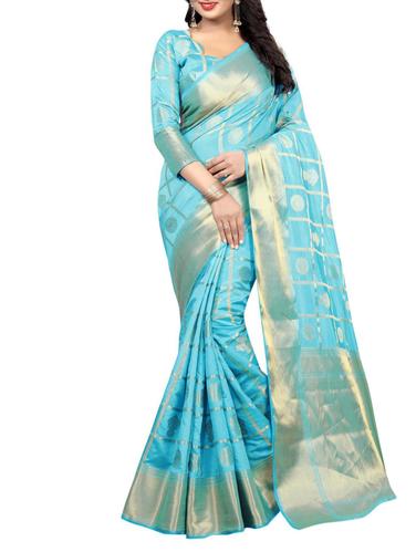 turquoise cotton woven saree with blouse - 15031102 - Very Small Image - 1