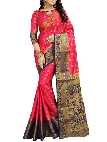 pink cotton woven saree with blouse - 15031103 - Very Small Image - 1