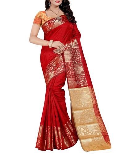 red cotton woven saree with blouse - 15031123 - Very Small Image - 1