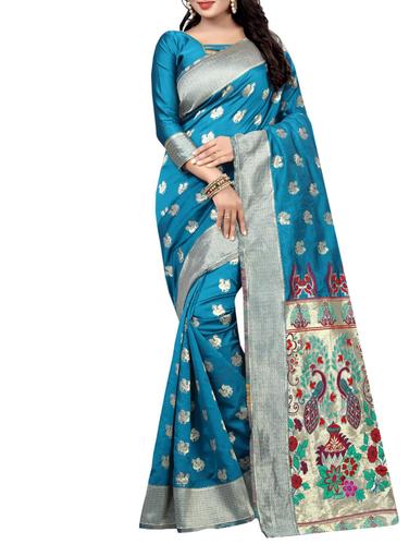 turquoise cotton woven saree with blouse - 15031125 - Very Small Image - 1