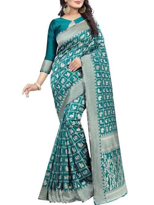 turquoise cotton woven saree with blouse - 15031144 - Very Small Image - 1
