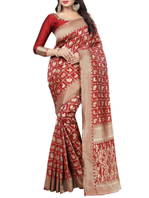 red cotton woven saree with blouse - 15031145 - Very Small Image - 1