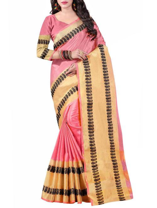 pink cotton bordered saree with blouse - 15031162 - Very Small Image - 1