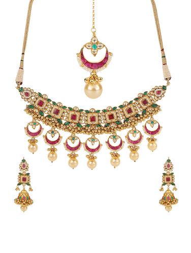 gold metal necklace, earrings & mangteeka set - 15031271 - Very Small Image - 1