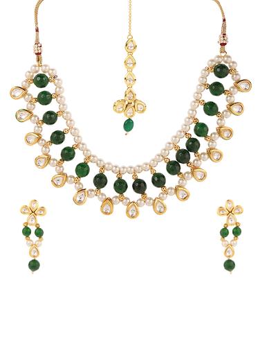 gold metal necklace, earrings & mangteeka set - 15031276 - Very Small Image - 1