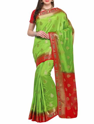 green raw silk woven saree with blouse - 15031381 - Very Small Image - 1