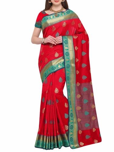 red raw silk woven saree with blouse - 15031382 - Very Small Image - 1