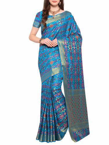 blue raw silk woven saree with blouse - 15031402 - Very Small Image - 1