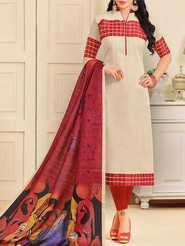 cream chanderi cotton churidaar suits unstitched suit - 15031480 - Very Small Image - 1