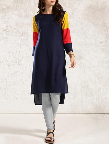 blue crepe high low kurta - 15032327 - Very Small Image - 1