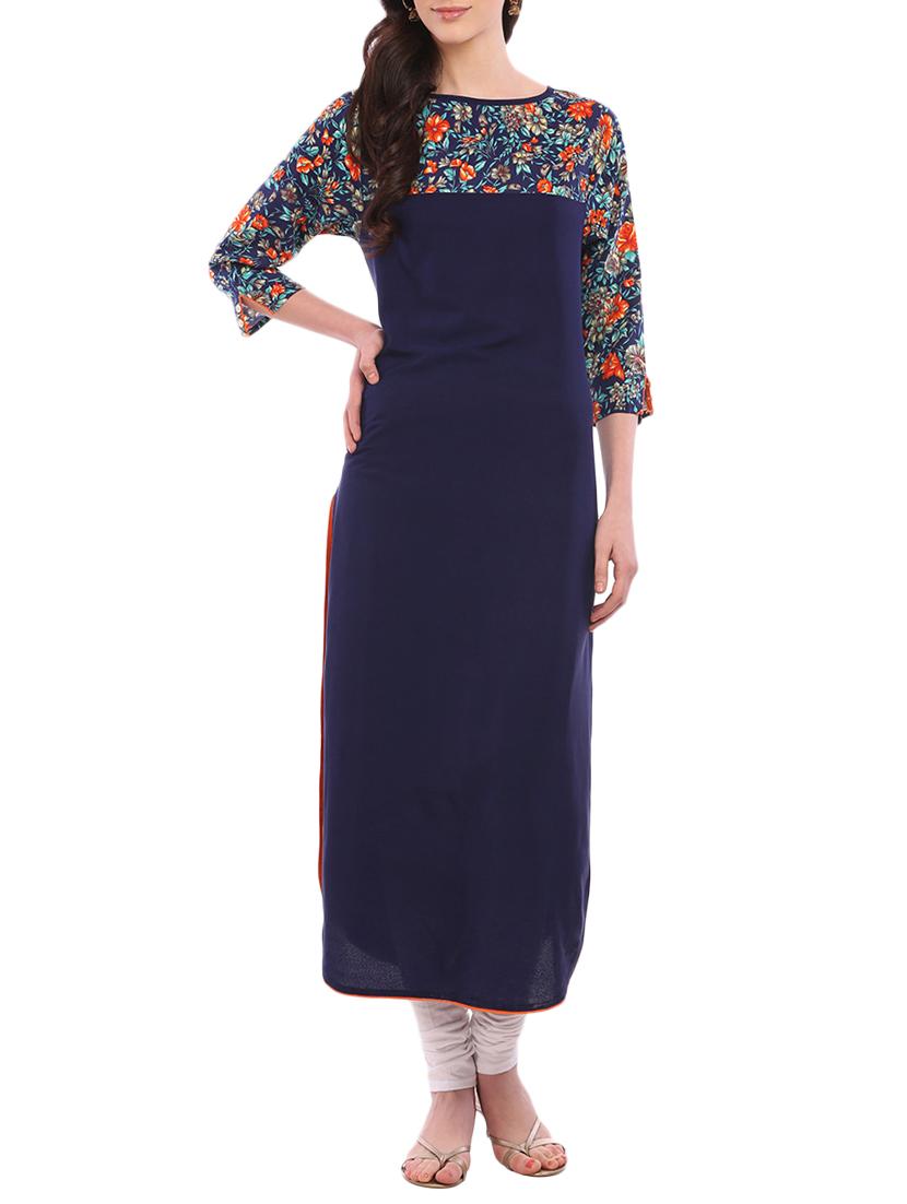 blue crepe straight kurta - 15032334 - Zoom Image - 1