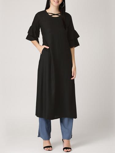 black crepe solid kurta - 15032338 - Very Small Image - 1