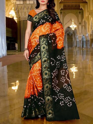 Zari bordered bandhani saree with blouse - 15032580 - Very Small Image - 1