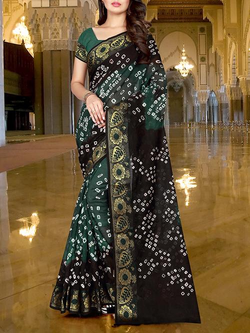 Green bandhani saree with blouse - 15032582 - Very Small Image - 1