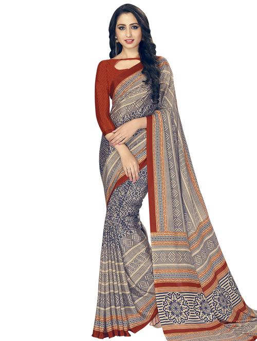 beige crepe printed saree with blouse - 15032936 - Standard Image - 1