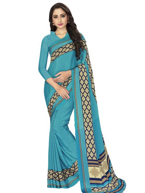 turquoise crepe printed saree with blouse - 15032937 - Standard Image - 1