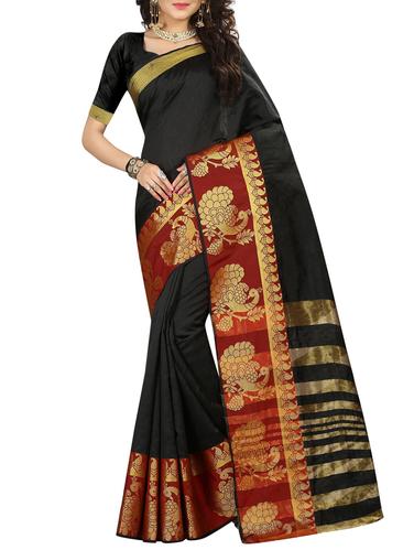 black raw silk kanjivaram saree with blouse - 15032940 - Very Small Image - 1