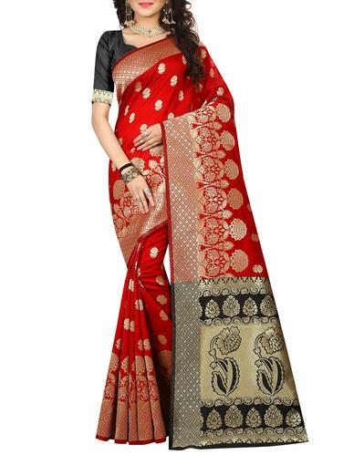 maroon raw silk kanjivaram saree with blouse - 15032944 - Very Small Image - 1