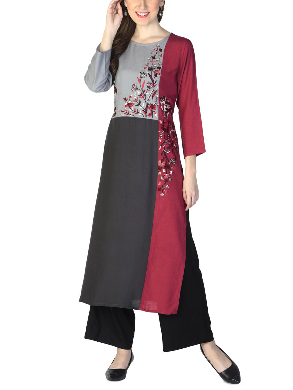 maroon rayon straight embroidered kurta - 15033008 - Zoom Image - 1