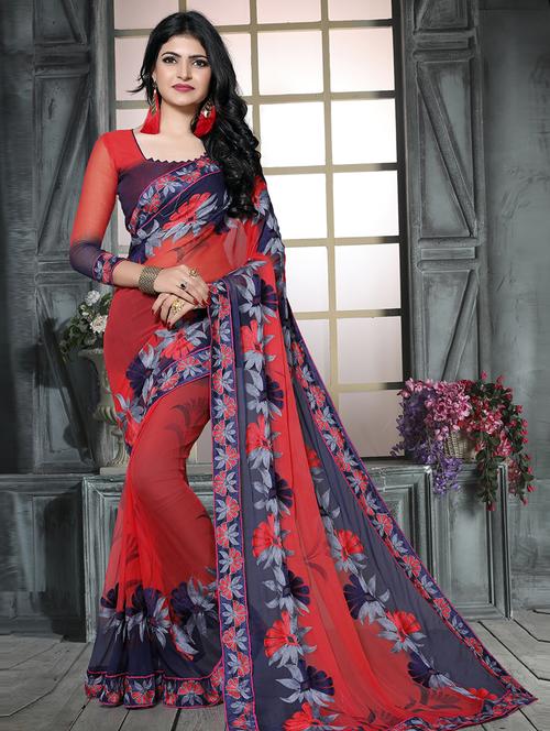 red embroidered saree with blouse - 15033021 - Standard Image - 1