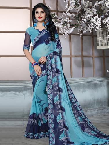 blue embroidered saree with blouse - 15033024 - Very Small Image - 1