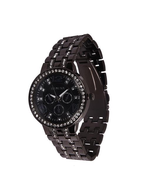 Geneva Black Metal Stone Work Dial Women Wrist Watch (Mock Dial) - 15033172 - Standard Image - 1
