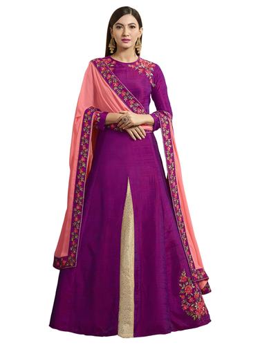 embroidered purple semi-stitched suit - 15033210 - Very Small Image - 1
