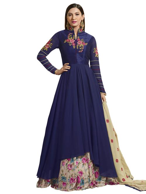 embroidered blue semi-stitched suit with skirt - 15033211 - Standard Image - 1