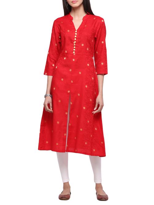 red cotton flared kurta - 15033572 - Very Small Image - 1