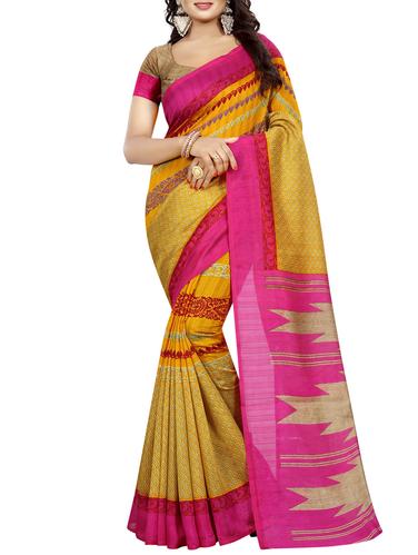 mustard art silk printed saree with blouse - 15033732 - Very Small Image - 1