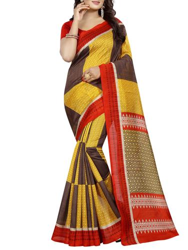 mustard art silk printed saree with blouse - 15033734 - Very Small Image - 1
